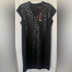 NWT Black Cap Sleeve Lined Dress W/Patterned Embellishment